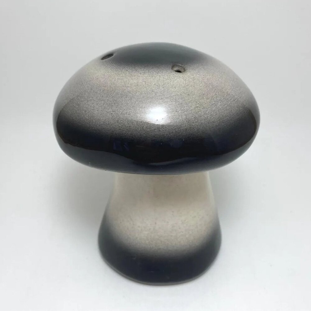Single Large Mushroom Salt or Pepper Shaker Black and Grey Ceramic Handmade 70s